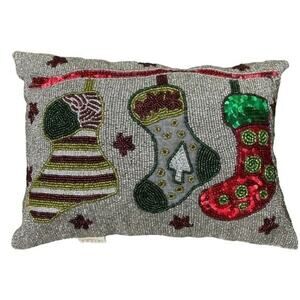 Domain Beaded Accent Pillow Holiday Decor Christmas Stockings Gray Green 15x10in